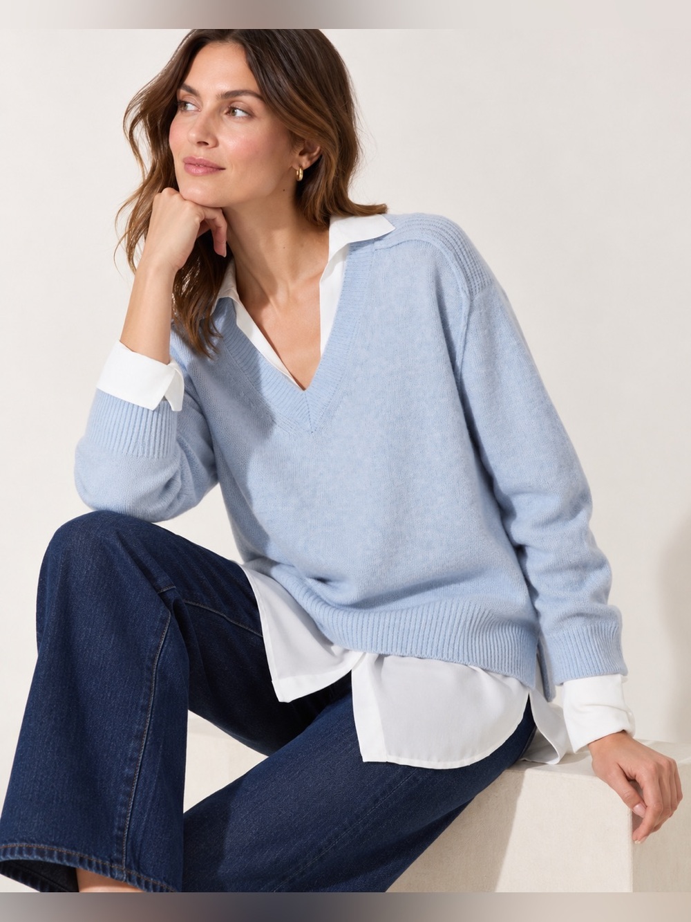 NEW Brochu Walker The Looker Layered V-Neck Wool Cashmere Sweater Skye Blue - Picture 4 of 16